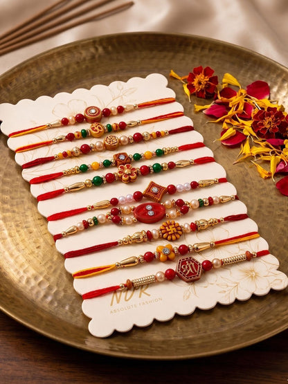 Anouk Set Of 10 Artificial Stones & Beads Thread Rakhi With Roli Chawal Chandan Mishri