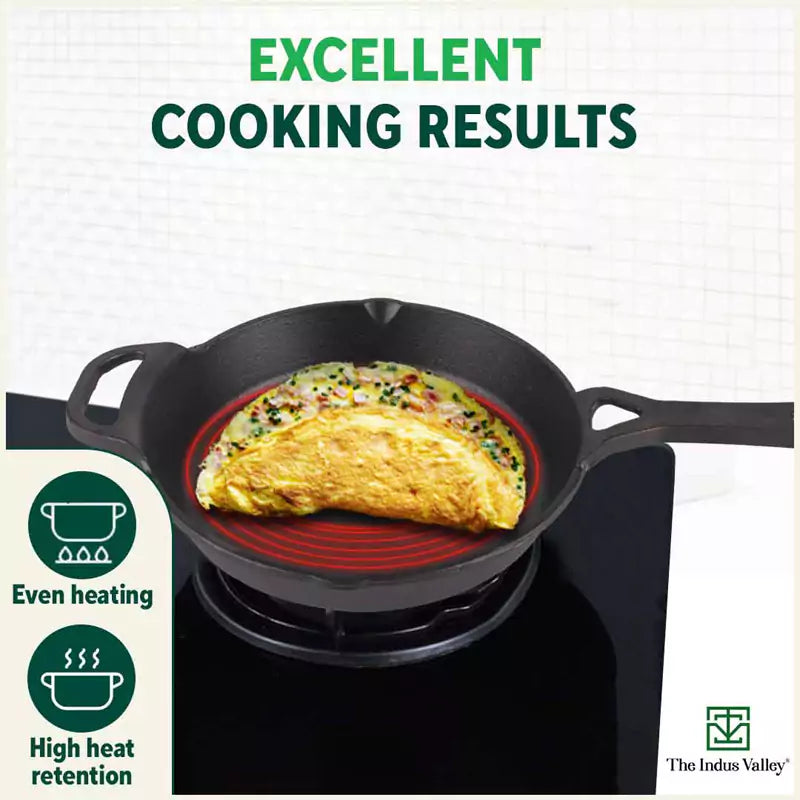 The Indus Valley CASTrong Cast Iron Fry Pan/Skillet, Pre-seasoned, Nonstick, 100% Pure, Toxin-free, Induction,Spatula, 25.4cm, 1.7L, 2.3kg