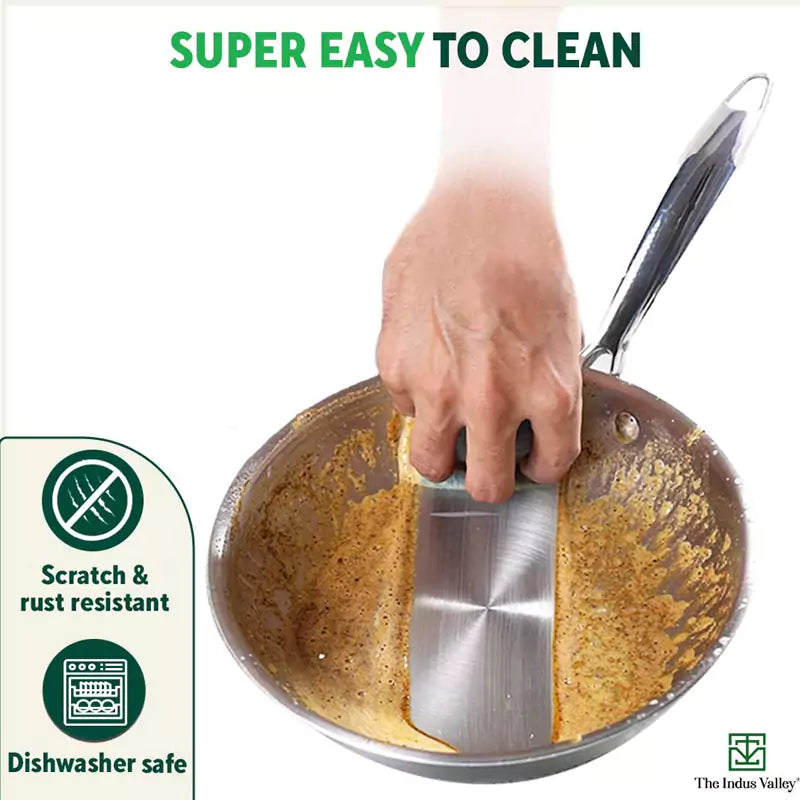 The Indus Valley TurboCuk Tri-ply Stainless Steel Fry Pan, Premium Quality, 3 Layer Thick Body, 100% Toxin-free, Non-stick, Induction & Gas,Spatula, 22/24/26 cm, 1.5/1.7/1.9L