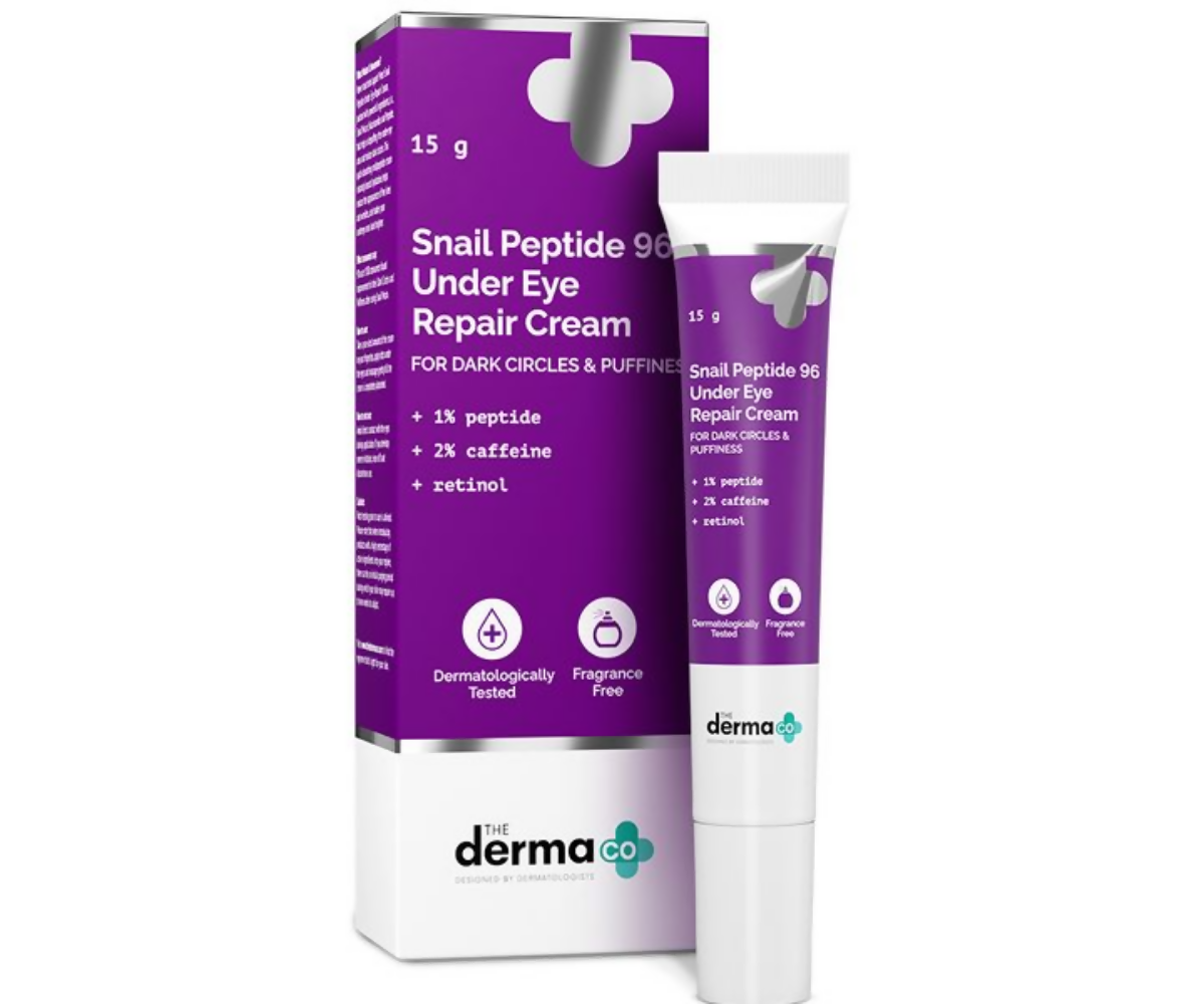 The Derma Co Snail Peptide 96 under eye cream featuring snail mucin and peptide complex to reduce dark circles and puffiness.