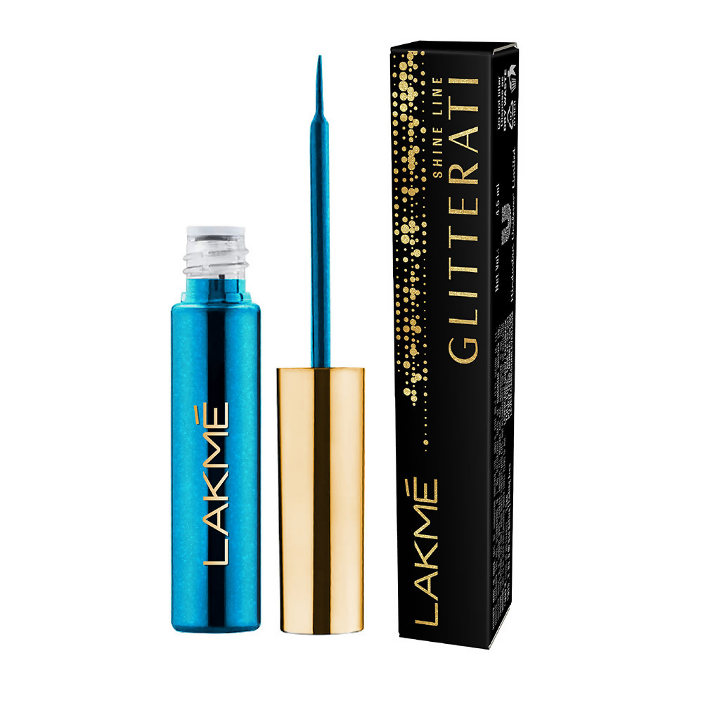 Lakme Glitterati Collection Shine Eyeliner in Daring Blue, showing a vibrant blue liquid eyeliner with a shiny finish.