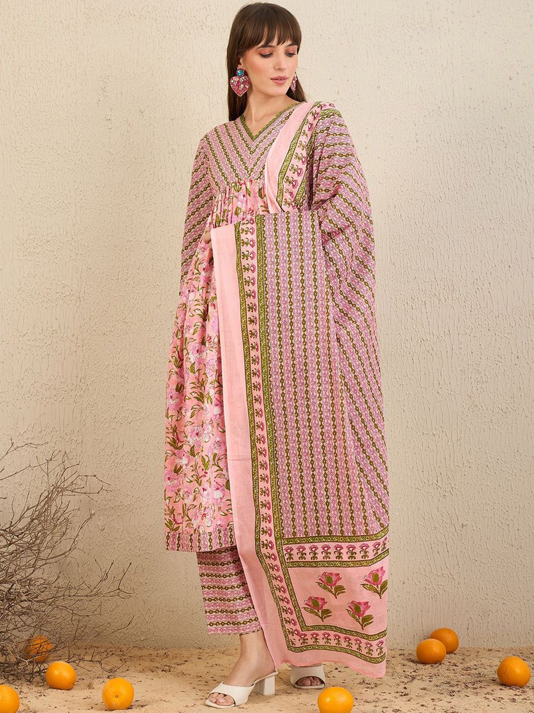 Indyancart IE Floral Printed Empire Pure Cotton A-Line Kurta With Trousers & Dupatta