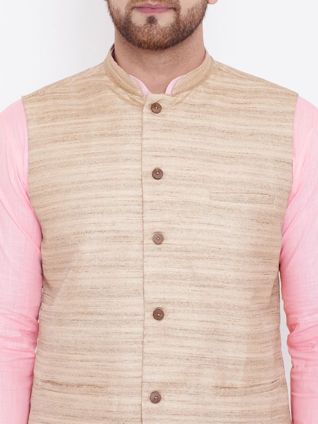 Men's Pink Cotton Blend Straight Jacket  Kurta and Pyjama Set