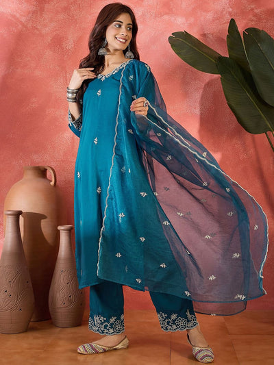 Indyancart SN Women's Floral Embroidered Thread Work Straight Kurta With Trousers & Dupatta