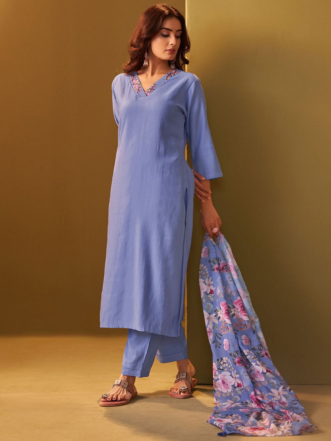 Floral Regular Thread Work Kurta With Trousers & Dupatta