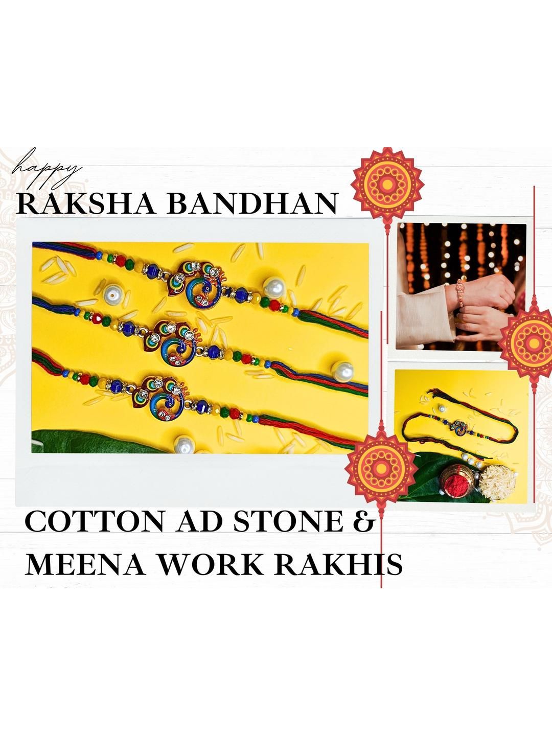 Anouk Set Of 3 Beaded Cotton Thread with AD Stones & Meenakari Designer Rakhi for Brother