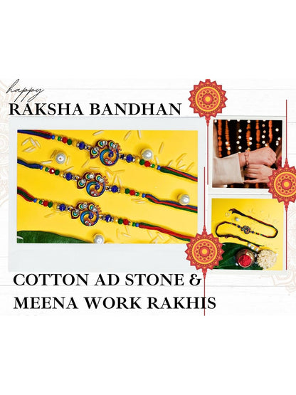 Anouk Set Of 3 Beaded Cotton Thread with AD Stones & Meenakari Designer Rakhi for Brother