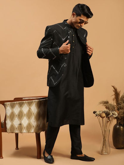 Men's Black Viscose Straight Jacket  Kurta and Pyjama Set