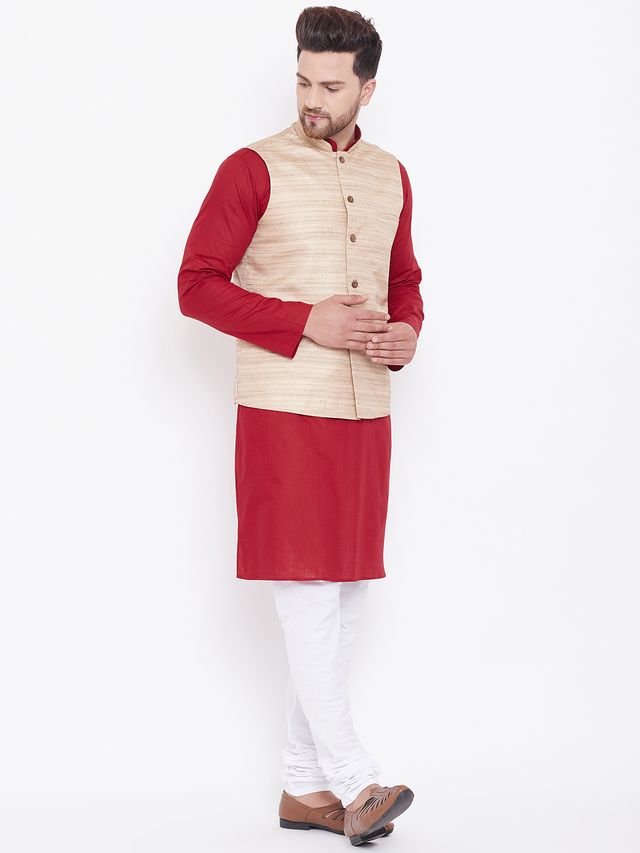 Men's Maroon Cotton Blend Straight Jacket  Kurta and Pyjama Set