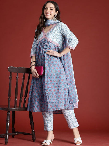 Women Ethnic Motifs Printed Empire Beads and Stones Pure Cotton Kurta with Trousers & With Dupatta