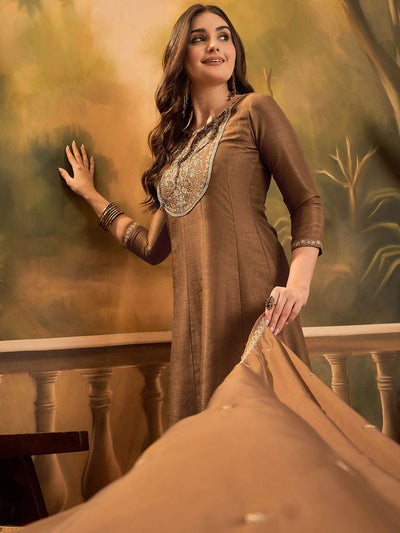 Indyancart SN Women's Sequin Embroidered A-Line Kurta & Trousers With Dupatta