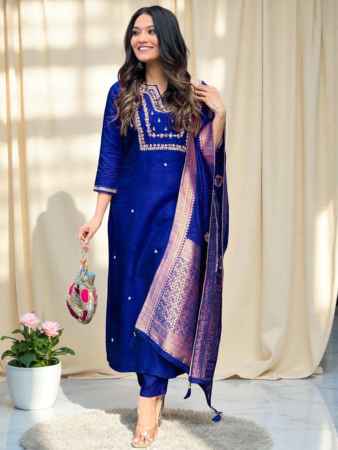 Indyancart SN Women's Embroidered Pure Cotton Straight Kurta Trousers & Dupatta