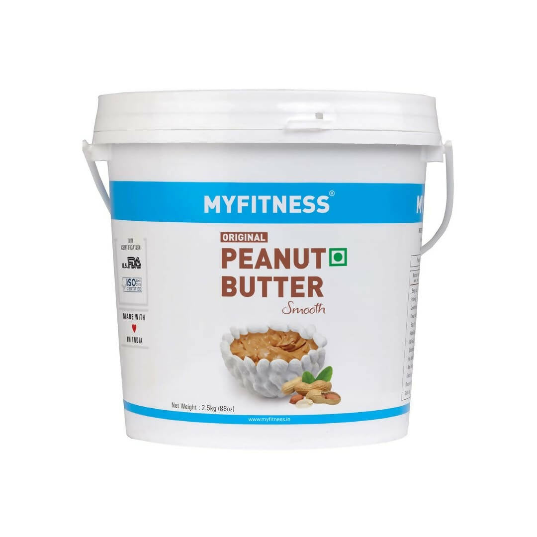 Smooth Myfitness Original Peanut Butter spread in a jar, showcasing creamy texture and natural peanut color.