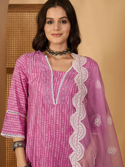 Indyancart SN Women's Abstract Printed & Embroidered V-Neck A-Line Kurta With Trousers And Dupatta