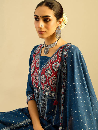 Indyancart IE Ethnic Motifs Printed Pure Cotton Straight Kurta With Trousers & Dupatta