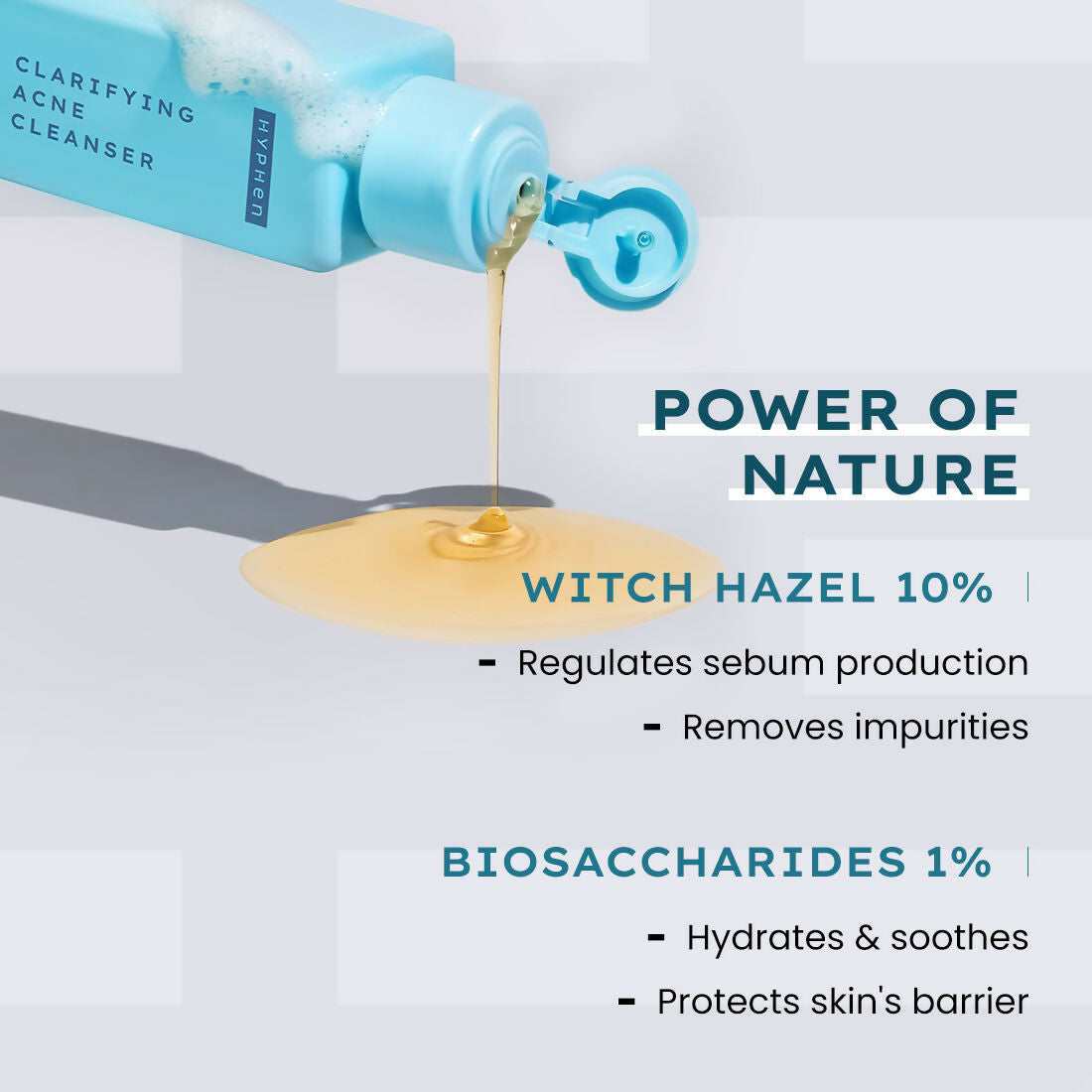 Hyphen by Kriti Sanon acne treatment serum and essence combo featuring skincare bottles for clear skin.