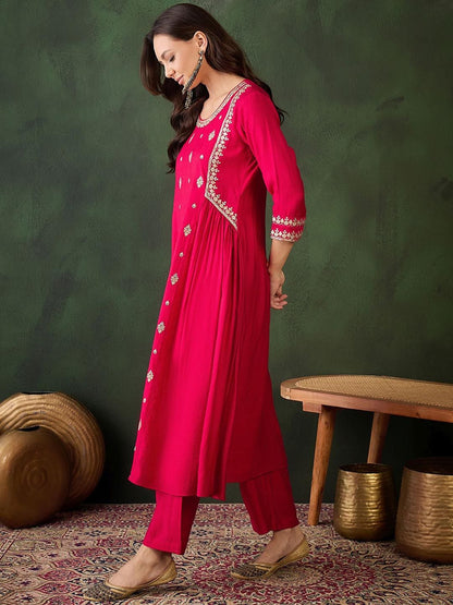 Dhiyona SN Women's Floral Embroidered Round Neck Sequinned Anarkali Kurta With Trousers