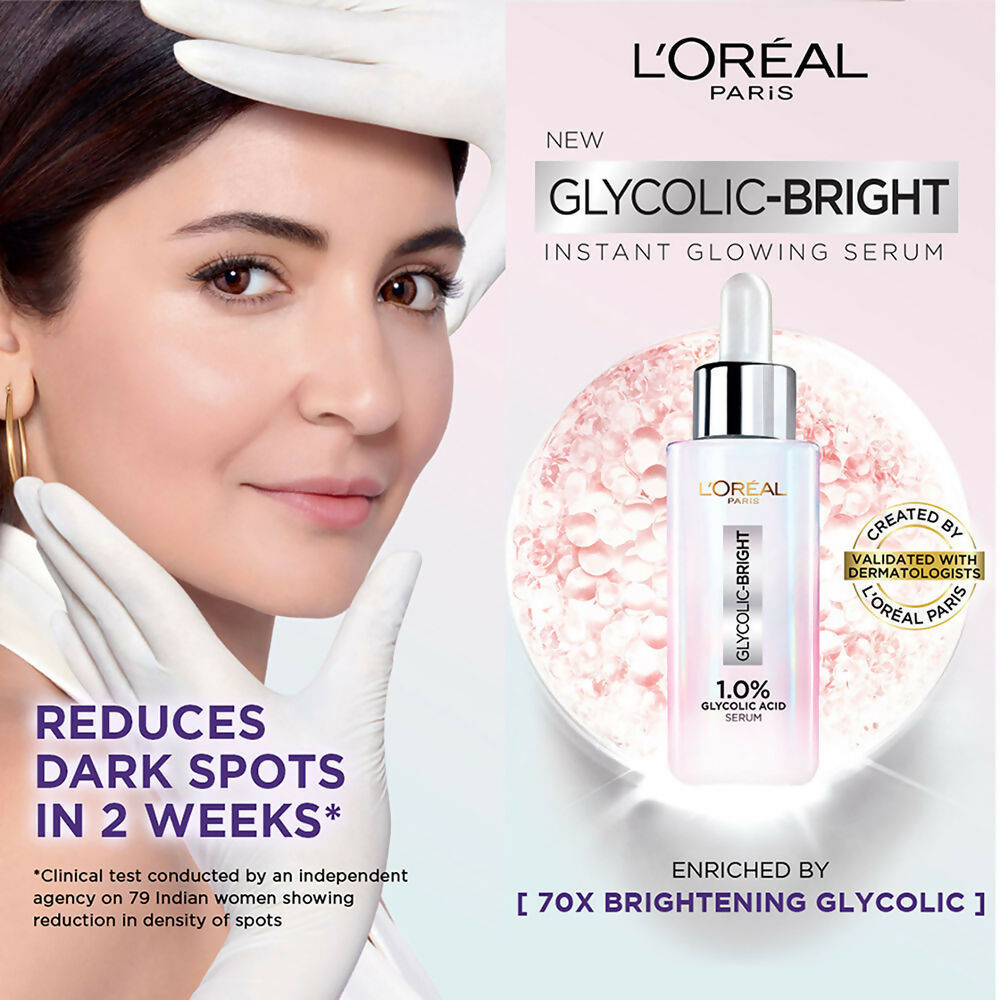 L'Oreal Paris Glycolic Acid skincare kit with glowing and protecting sunscreen, cleanser, serum, and moisturizer for radiant skin.