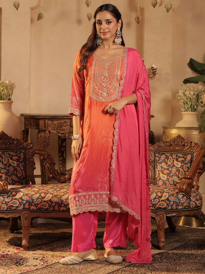 Indyancart IE Bandhani Printed Straight Sequinned Kurta With Trousers & Dupatta