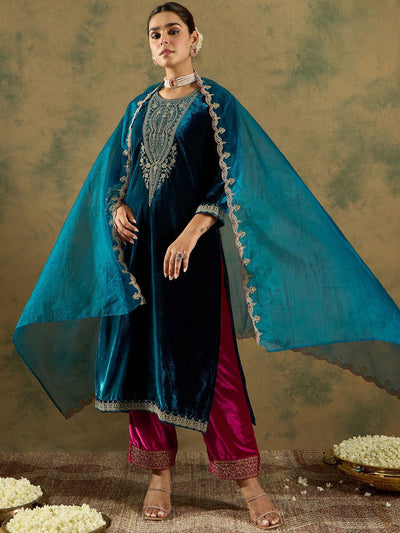 Dhiyona IE Ethnic Motifs Embroidered Regular Velvet Straight Kurta with Trousers & Dupatta