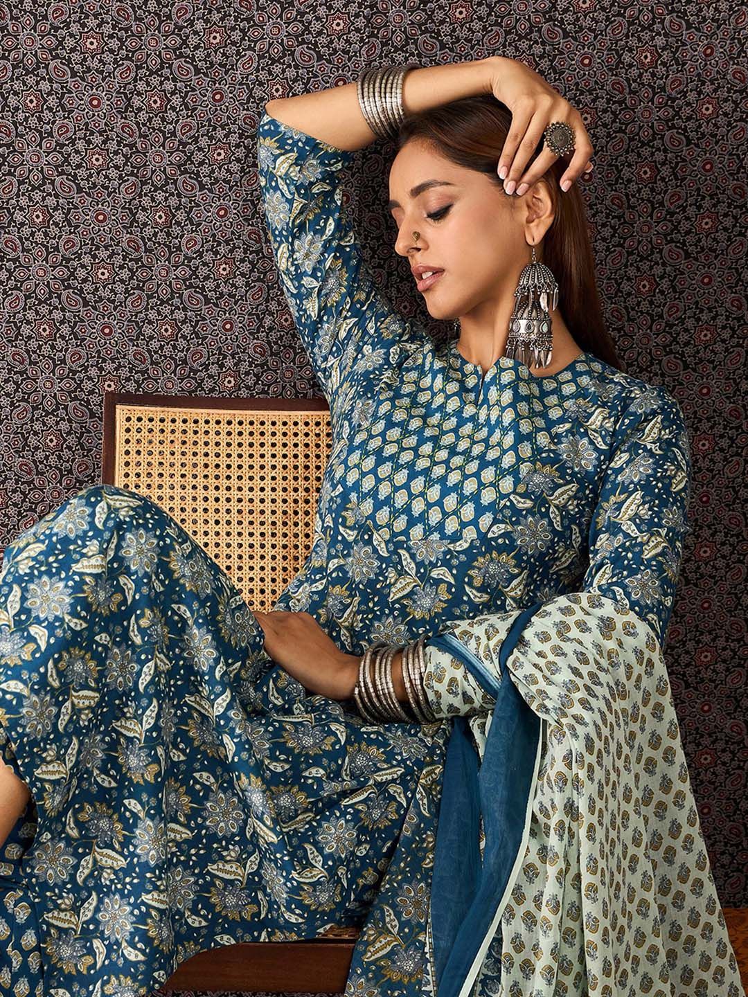 Floral Printed Pure Cotton Straight Kurta Trousers With Dupatta