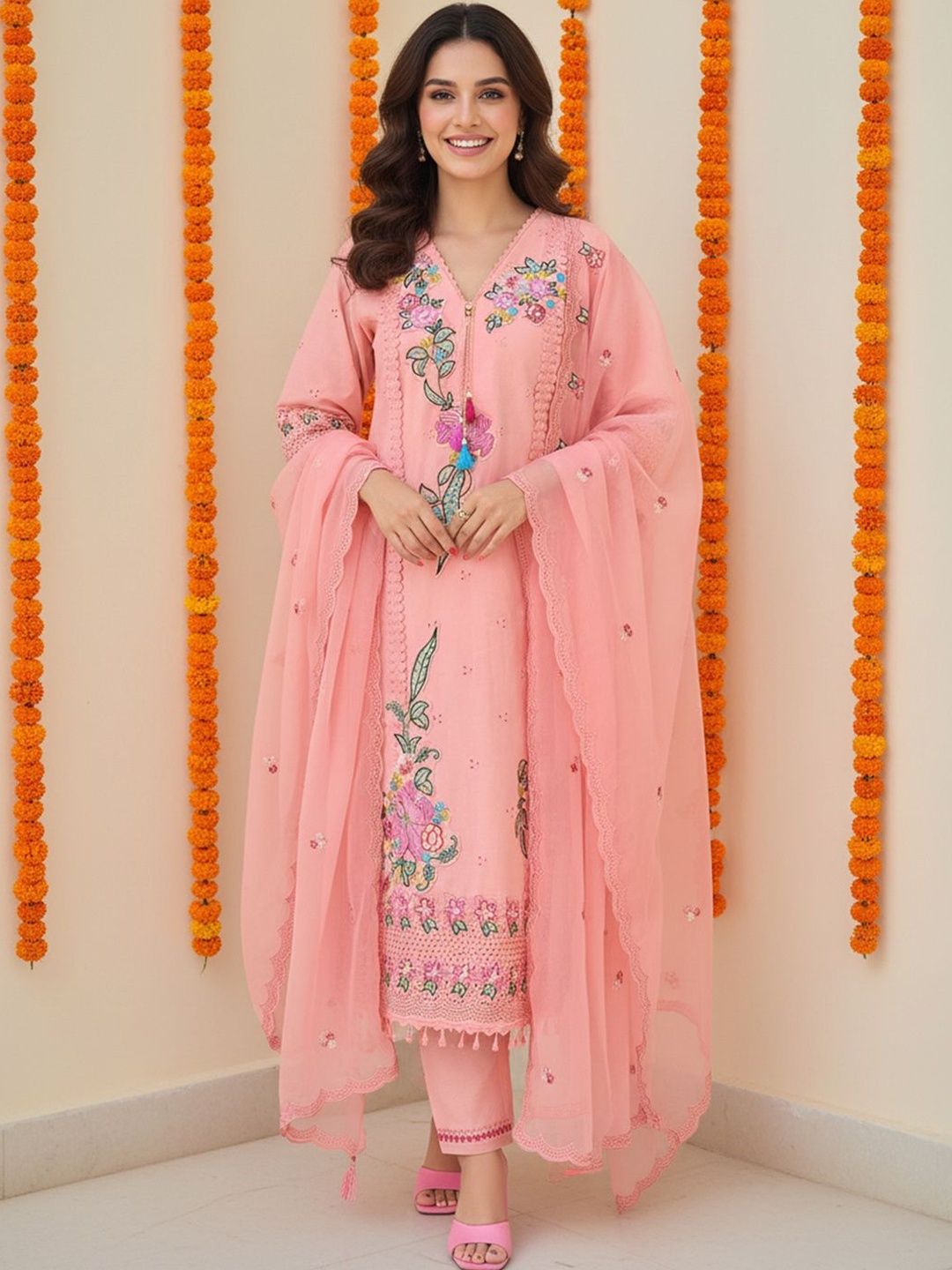 Floral Embroidered V-Neck Pure Cotton Straight Kurta & Trousers With Dupatta