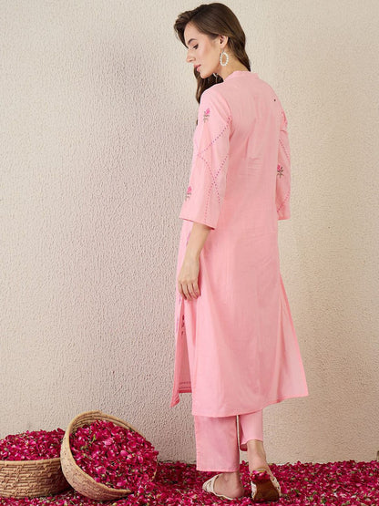 Dhiyona IE Embroidered Cotton Mandarin Collar Neck Top With Trousers Co-Ords