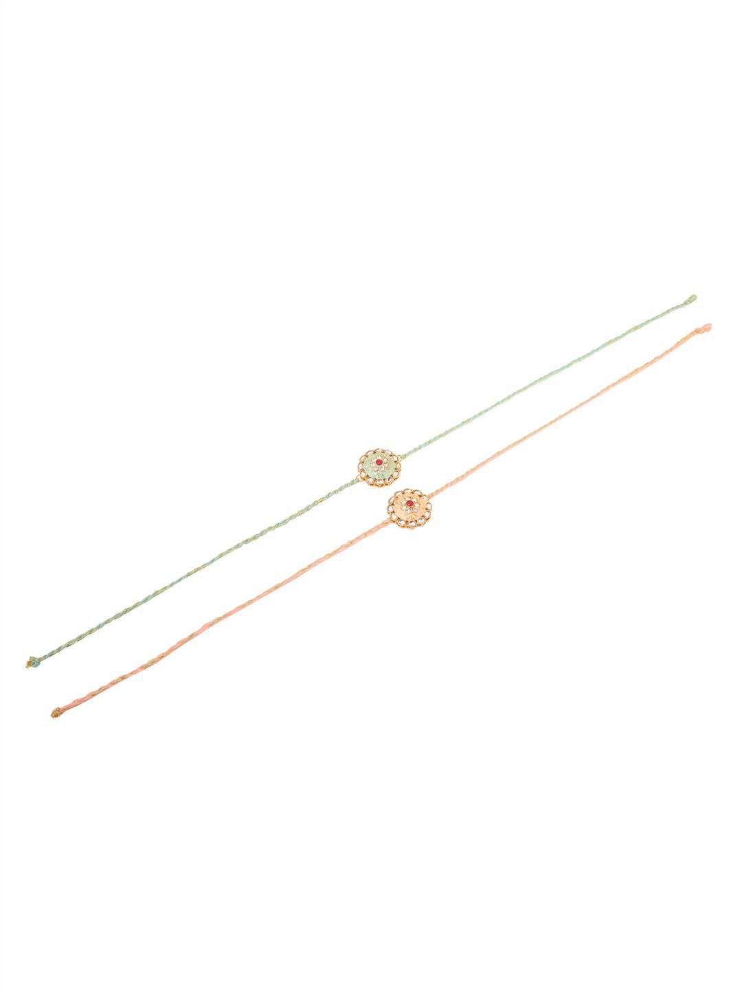 Anouk Men Set Of 2 Peach & Green Kundan Studded Round Floral Design Rakhi With Roli Chawal