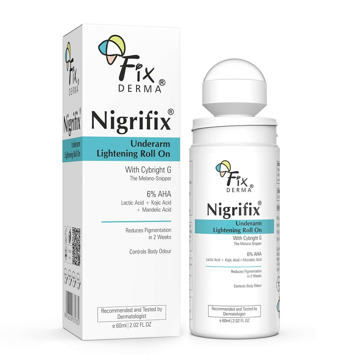 Fixderma Nigrifix Underarm Lightening Roll-on with 6% AHA, Lactic and Mandelic Acid, exfoliates and brightens underarm skin.