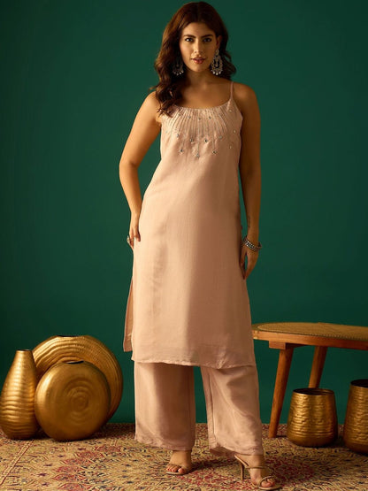 Indyancart VA Women Embroidered Regular Beads and Stones Kurta with Palazzos & Dupatta