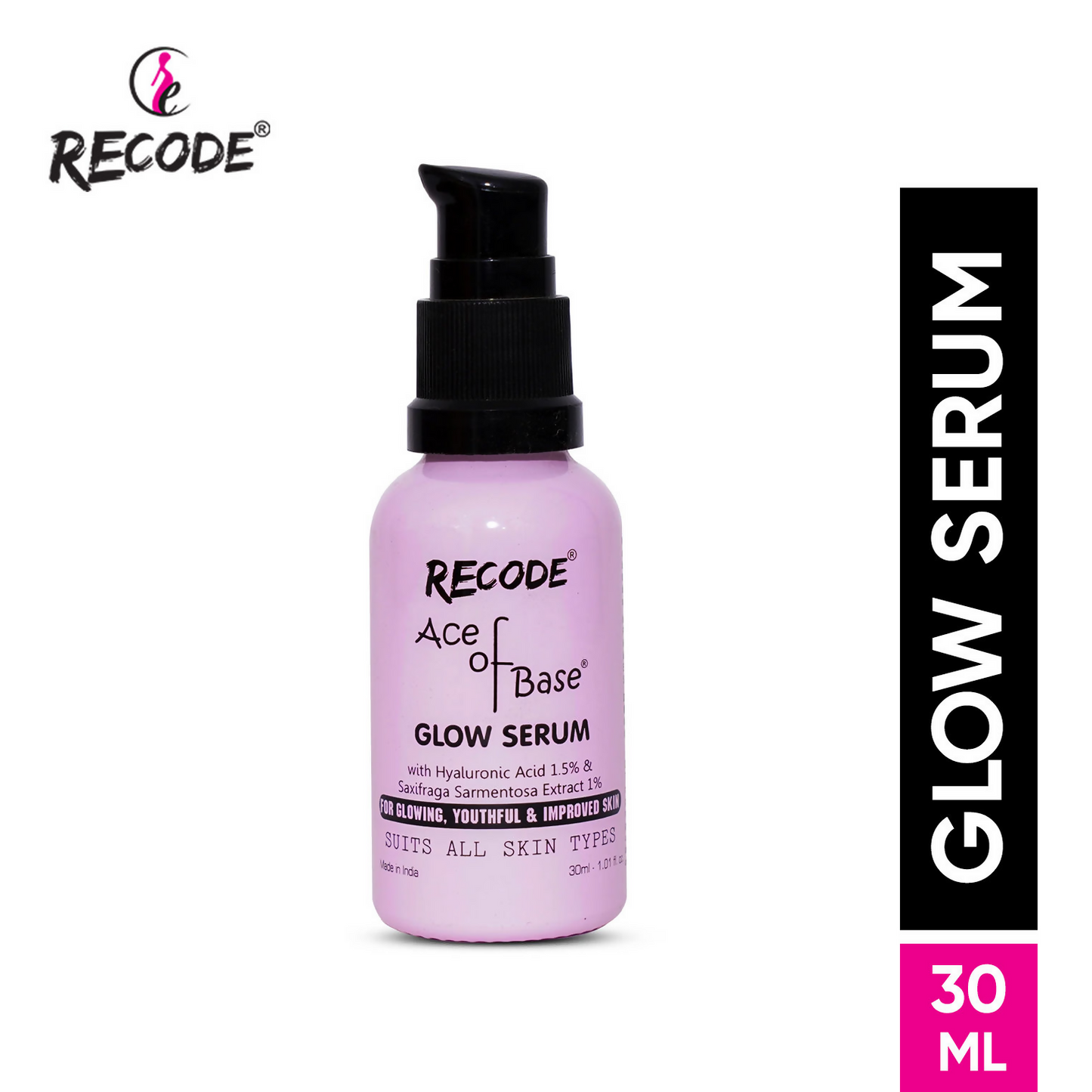 Recode Ace Of Base Glow Face Serum bottle with dropper, showcasing the serum inside and sleek packaging design.