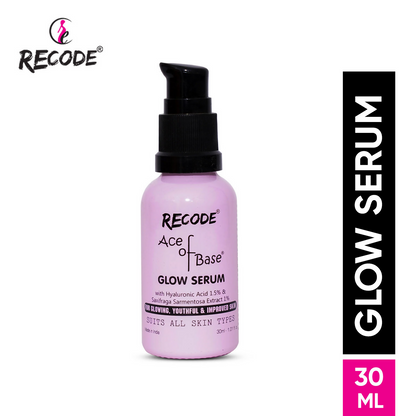 Recode Ace Of Base Glow Face Serum bottle with dropper, showcasing the serum inside and sleek packaging design.