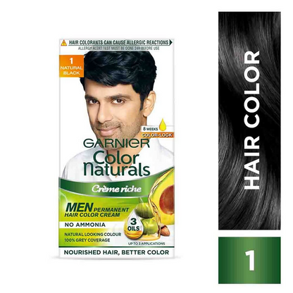 Garnier Color Naturals Creme Riche Men hair color in Shade 1 Natural Black, showing a tube of hair dye and packaging.