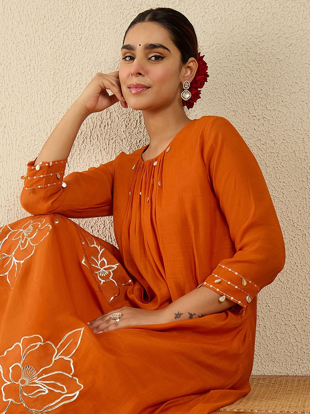 Women Floral Embroidered Regular Gotta Patti Kurta with Trousers