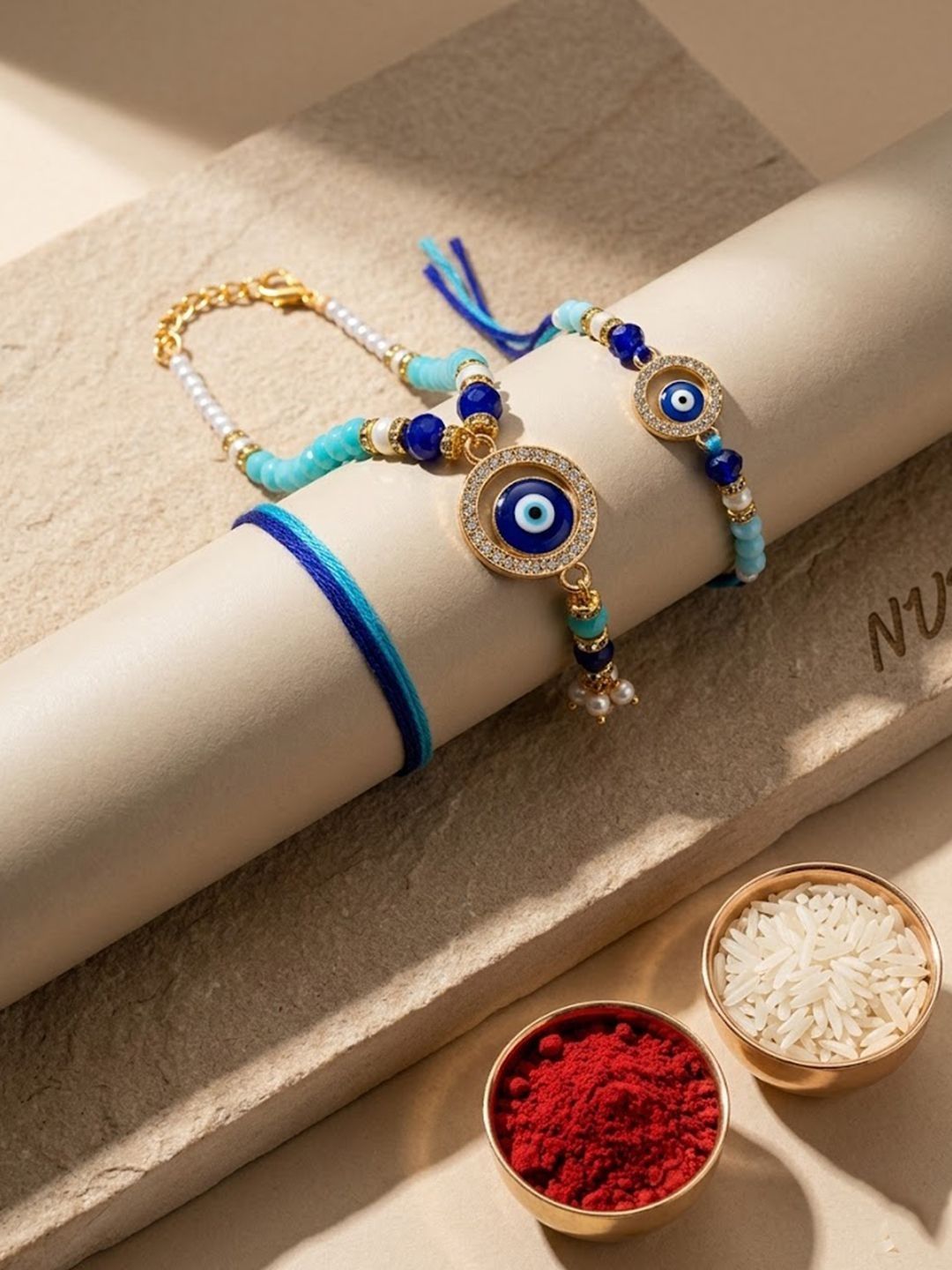 Anouk Set Of 2 Blue Evil Eye Gold Toned Beaded Bhaiya Bhabhi Rakhi