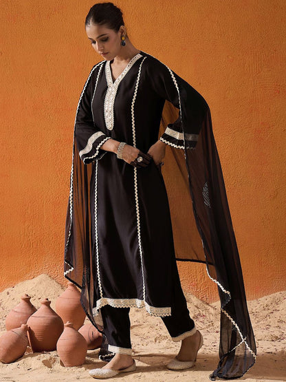 Dhiyona IE Ethnic Motifs Embroidered Mirror Work Straight Kurta With Trousers & Dupatta