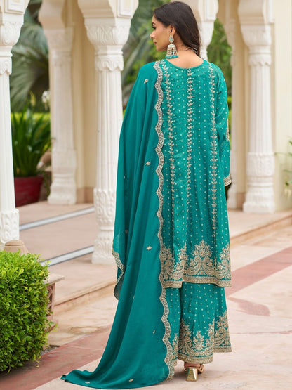 Indyancart IE Women Ethnic Motifs Embroidered Regular Thread Work Kurta with Sharara & With Dupatta