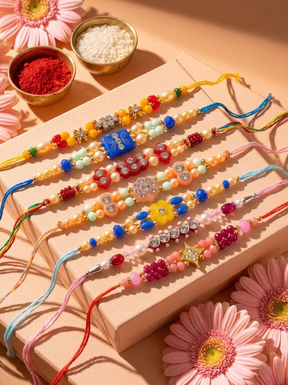 Anouk Set Of 7 Multicolor Designer Thread Rakhi With Roli Chawal Chandan Mishri