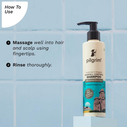 Pilgrim Redensyl and Anagain hair fall control shampoo with Korean black rice, featuring a bottle of shampoo with black rice extract.