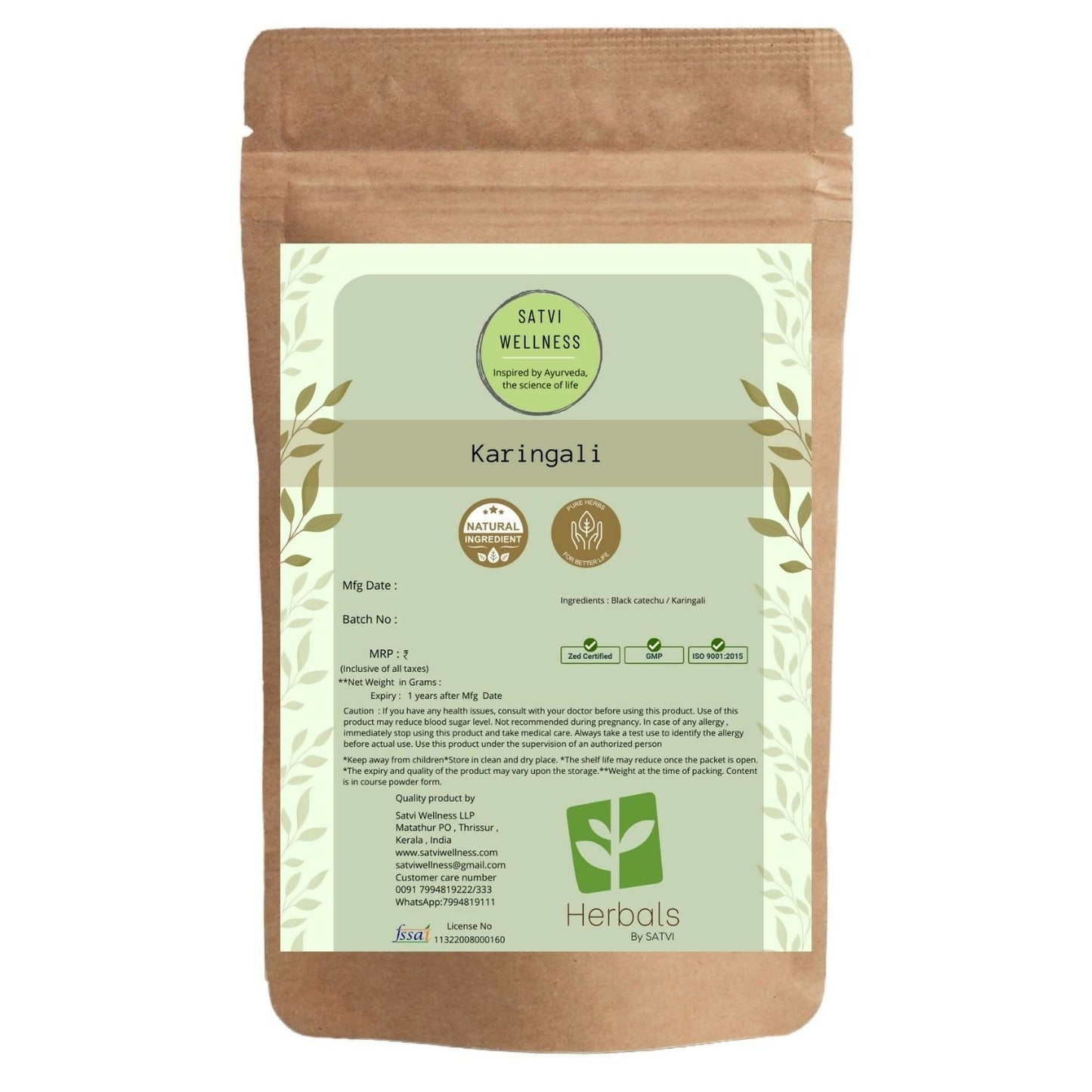 Satvi Wellness Black Catechu Powder in a jar, an Ayurvedic herbal powder used for traditional health remedies.