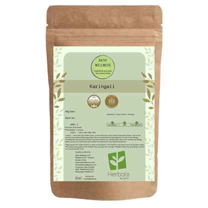 Satvi Wellness Black Catechu Powder in a jar, an Ayurvedic herbal powder used for traditional health remedies.
