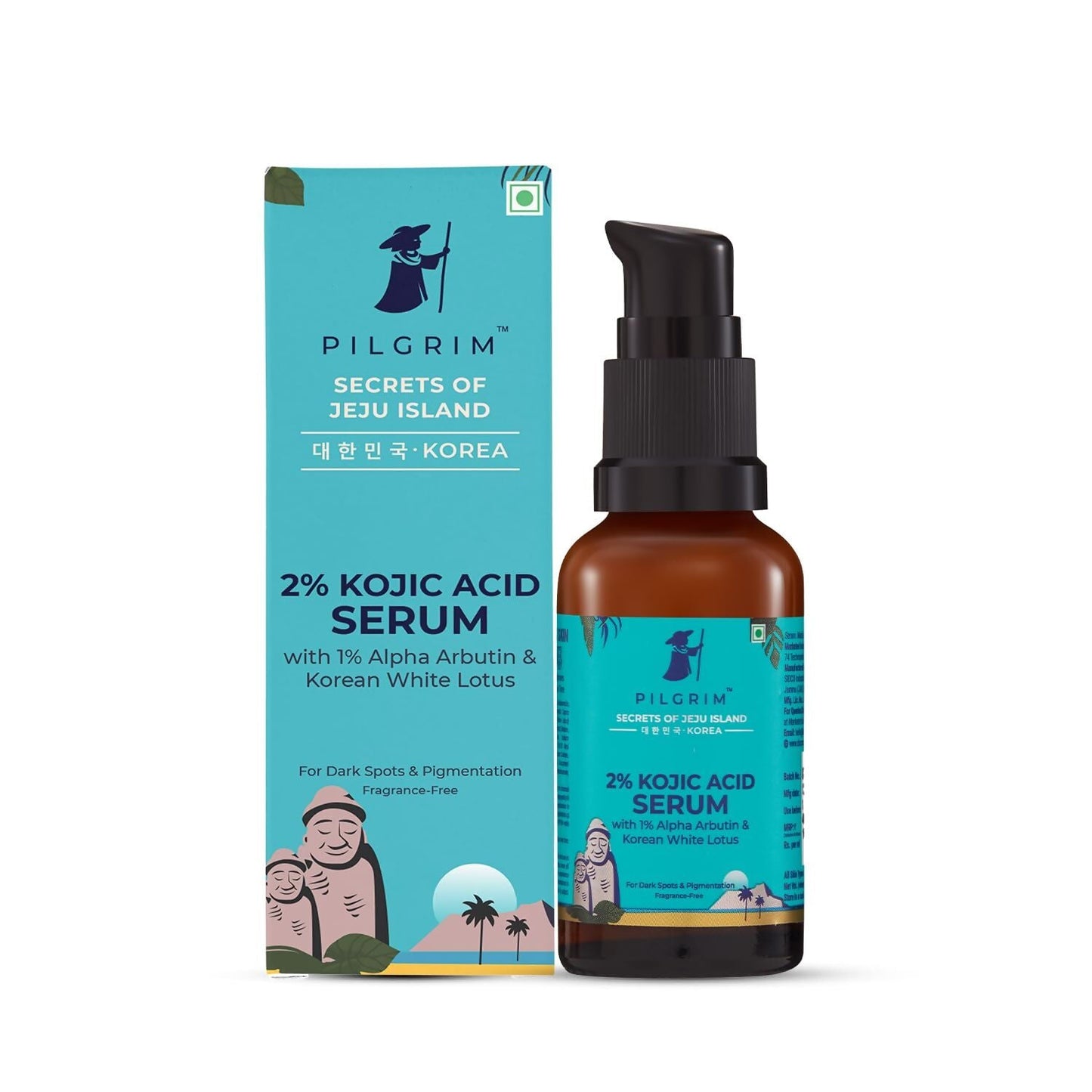 Pilgrim 2% Kojic Acid Serum with Arbutin and White Lotus for acne and dark spots, in a clear glass bottle with dropper.