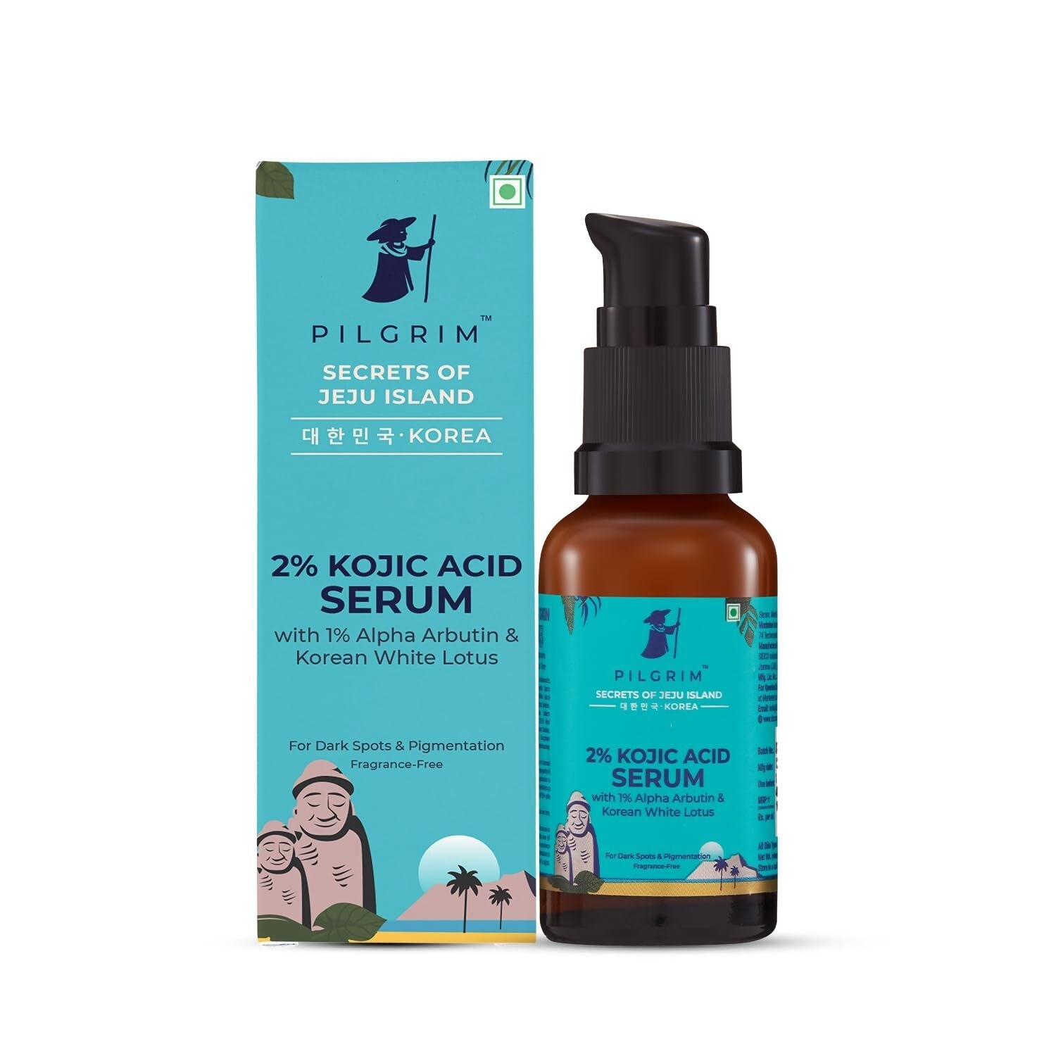 Pilgrim 2% Kojic Acid Serum with Arbutin and White Lotus for acne and dark spots, in a clear glass bottle with dropper.