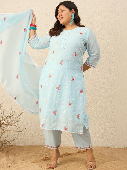 Indyancart Women's Floral Embroidered Regular Thread Work Pure Cotton Kurta with Trousers & With Dupatta