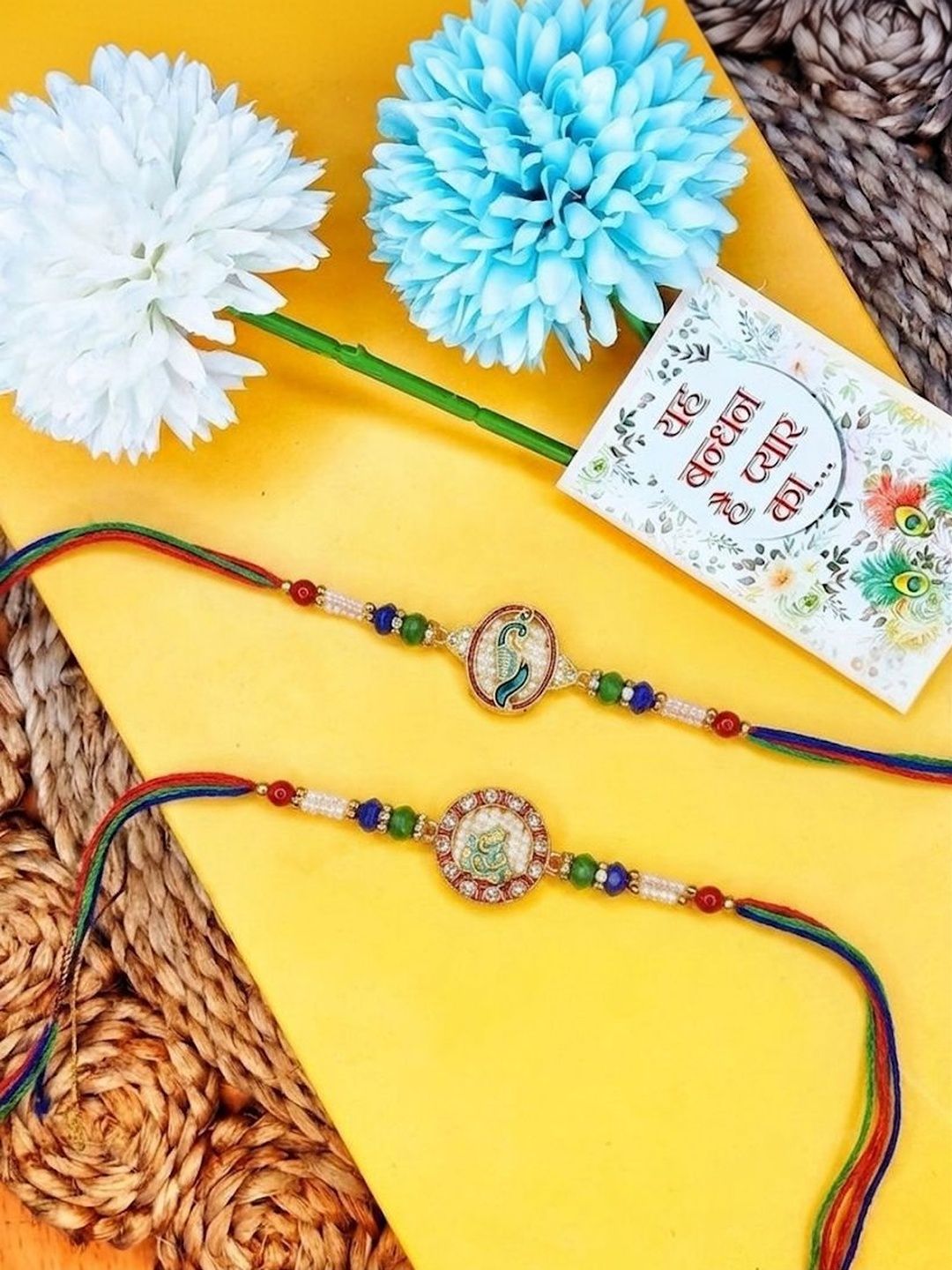 Anouk Set Of 2 Multicolor Peacock Design Rakhi With Roli Chawal Chandan Mishri