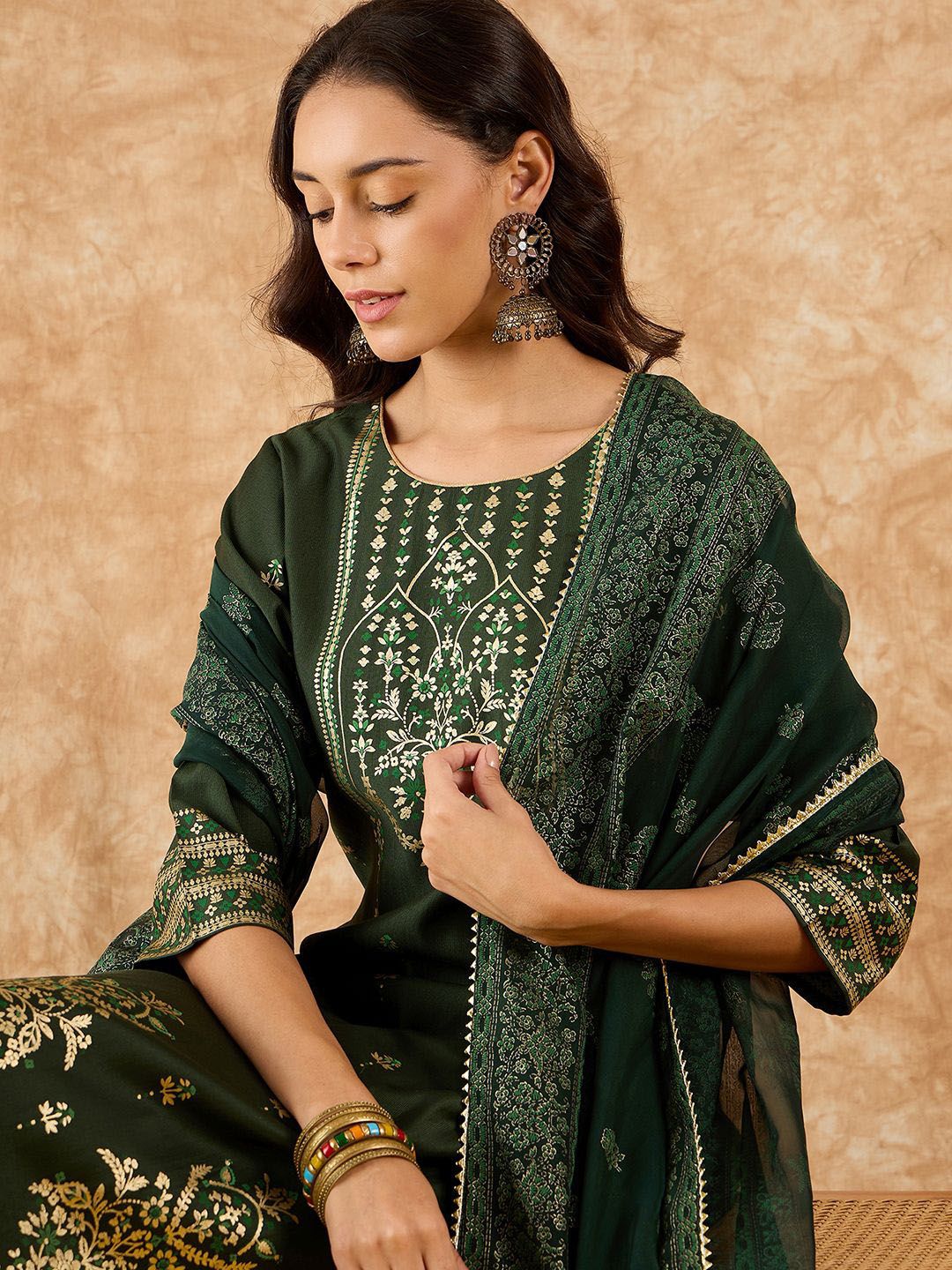 Ethnic Motifs Printed Straight Liva Kurta with Palazzos & Dupatta