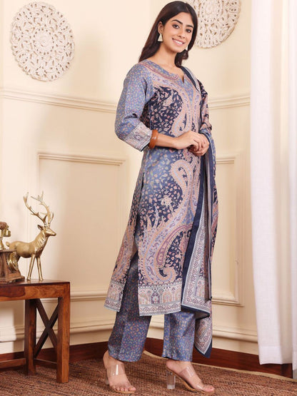 Indyancart VA Women'sPaisley Printed Straight Kurta with Trouser & Dupatta