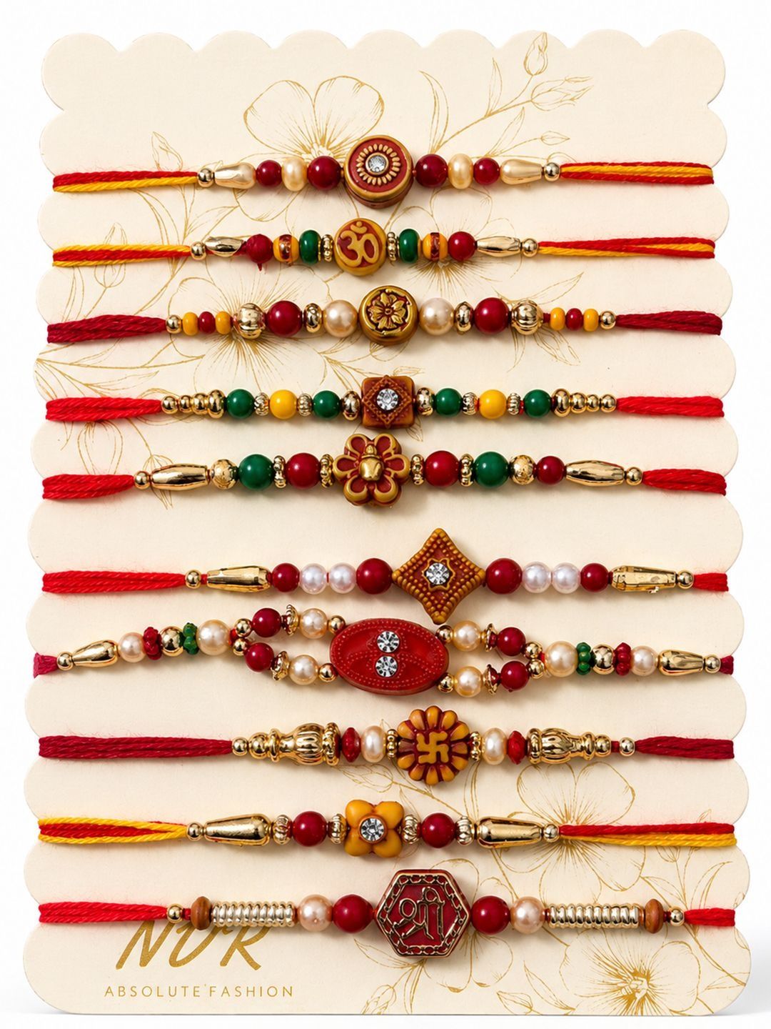 Anouk Set Of 10 Artificial Stones & Beads Thread Rakhi With Roli Chawal Chandan Mishri