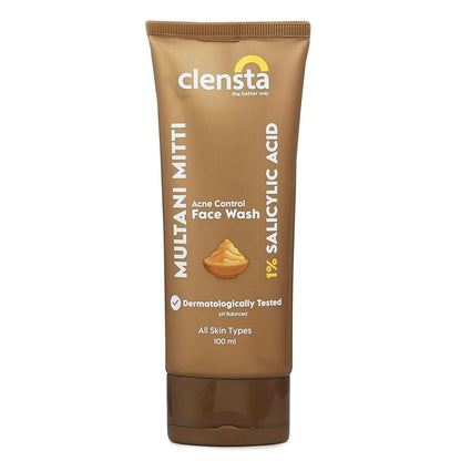 Clensta Multani Mitti Face Wash bottle with label, showcasing natural clay-based facial cleanser for glowing skin.