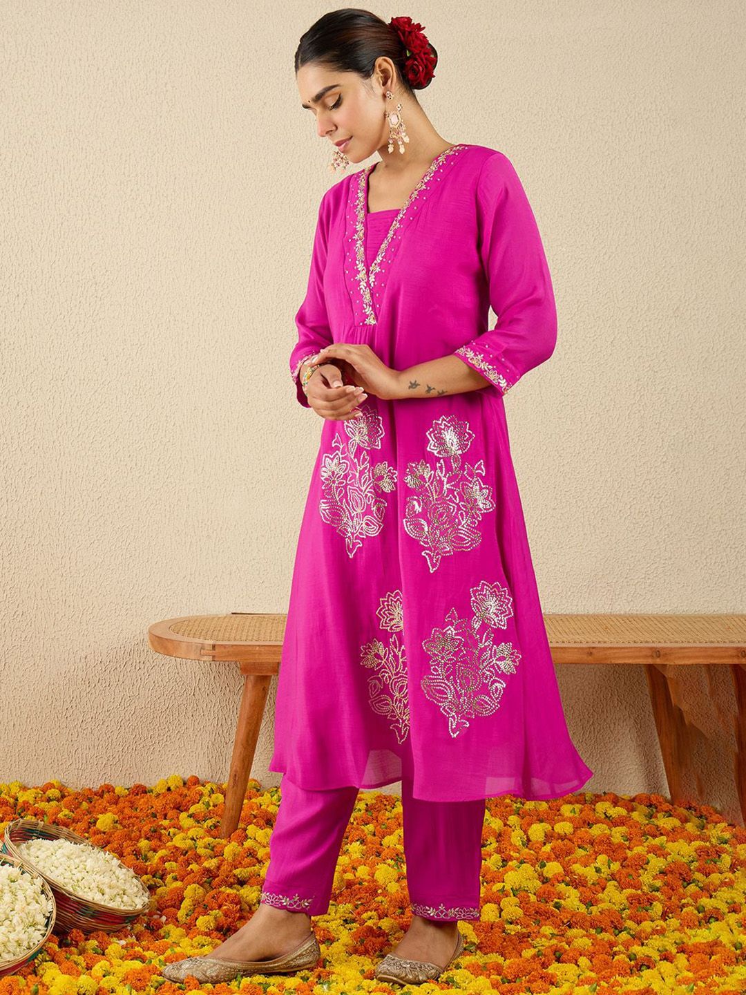 Floral Embroidered Square Neck Gotta Patti A-Line Kurta With Trousers